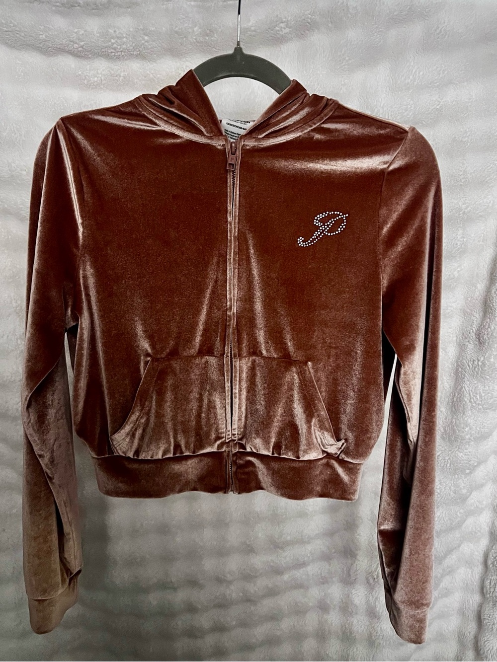 PINK Victoria's Secret Brown Velvet Cropped Zip Hoodie with Rhinestone P